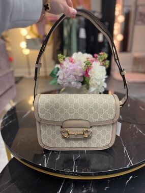 Gucci Beige GG Canvas Shoulder Bag with Gold Horsebit